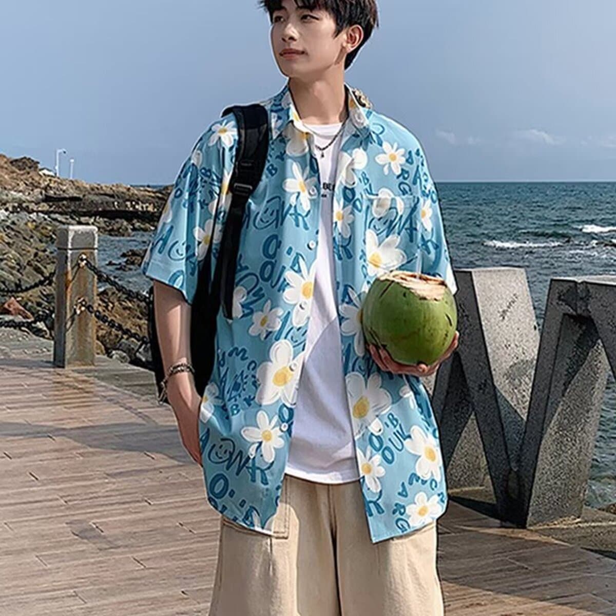 Гавайская цветочная рубашка мужская с короткими рукавами ледяной шелк прилив пляжная рубашка летняя тонкая свободная куртка...