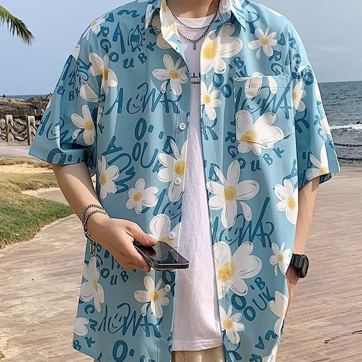 Гавайская цветочная рубашка мужская с короткими рукавами ледяной шелк прилив пляжная рубашка летняя тонкая свободная куртка...