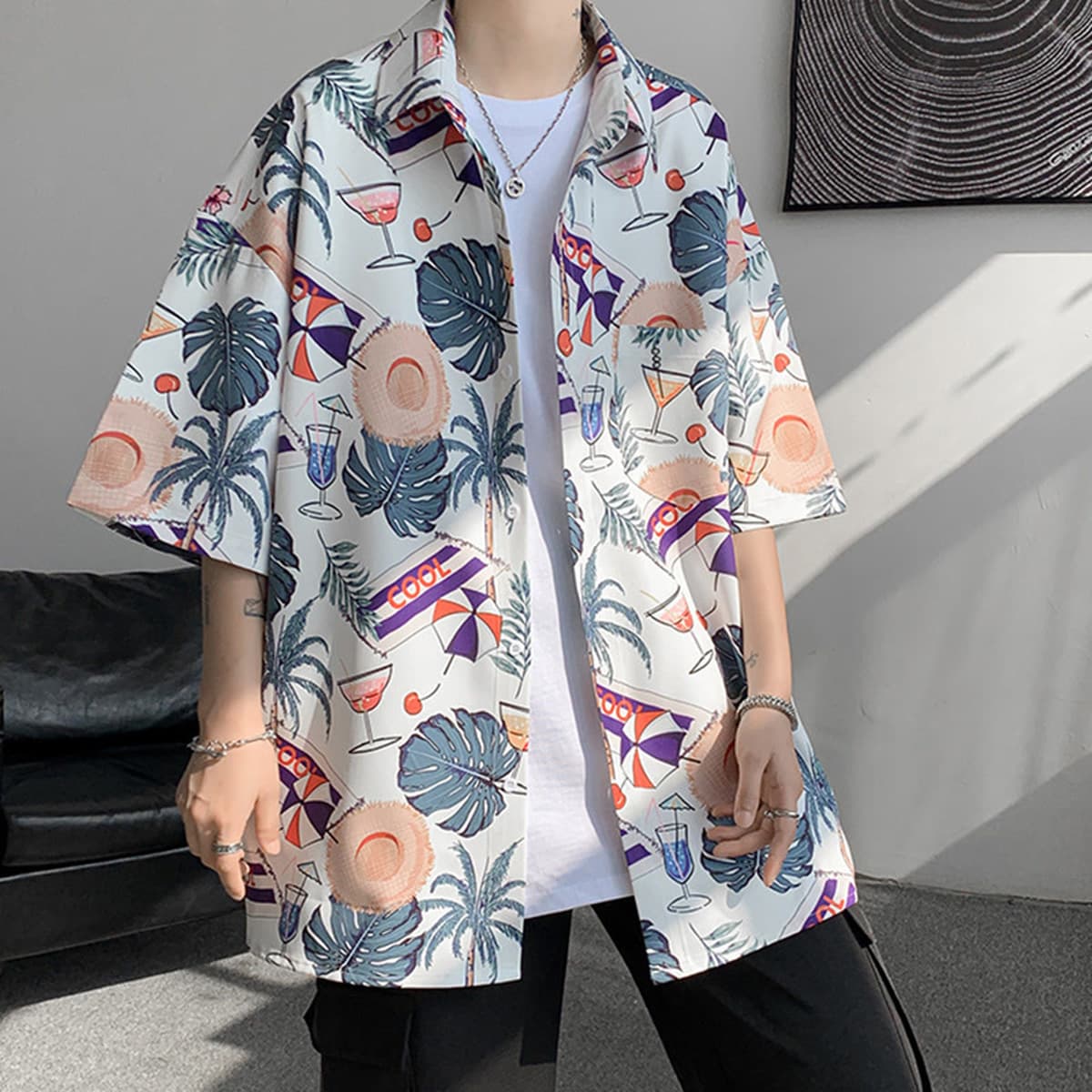 Гавайская цветочная рубашка мужская с короткими рукавами ледяной шелк прилив пляжная рубашка летняя тонкая свободная куртка...