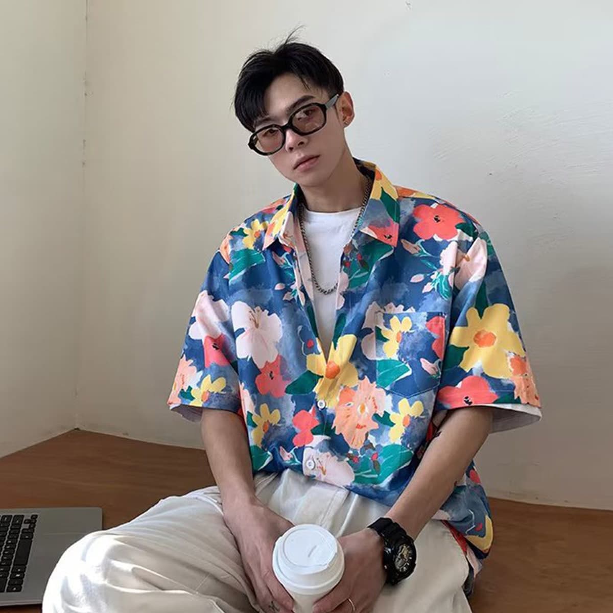 Гавайская цветочная рубашка мужская с короткими рукавами ледяной шелк прилив пляжная рубашка летняя тонкая свободная куртка...