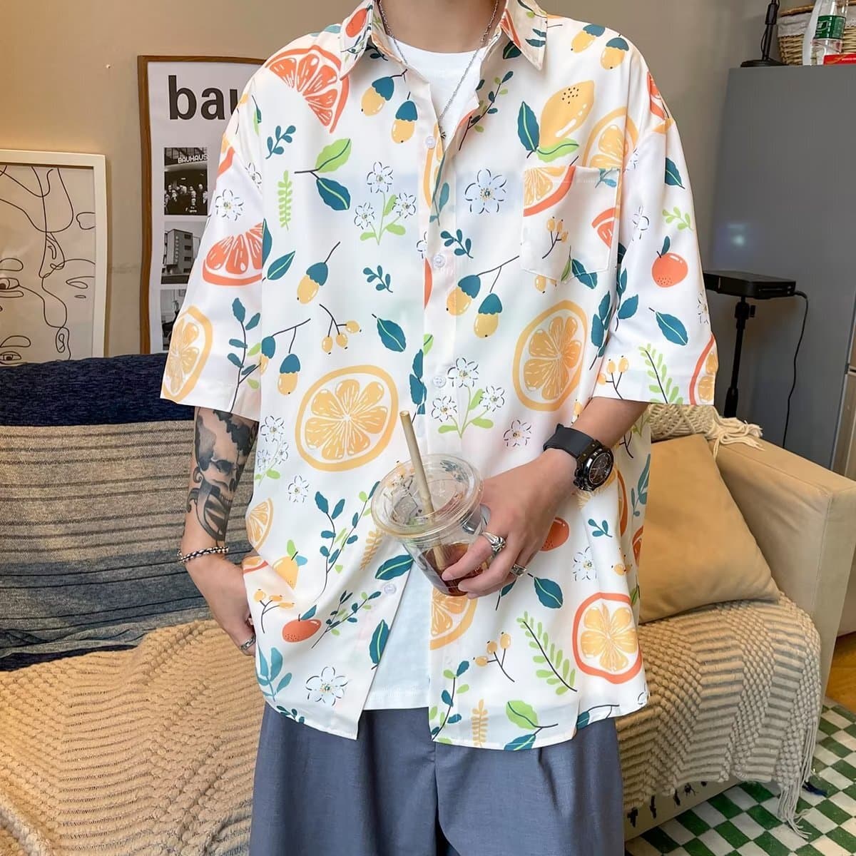 Гавайская цветочная рубашка мужская с короткими рукавами ледяной шелк прилив пляжная рубашка летняя тонкая свободная куртка...