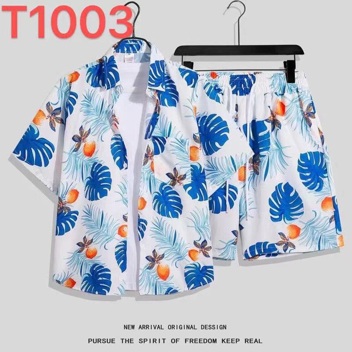 Мужской пляжный костюм из ледяного шелка: рубашка с коротким рукавом и цветочным принтом, свободные гавайские шорты большого...