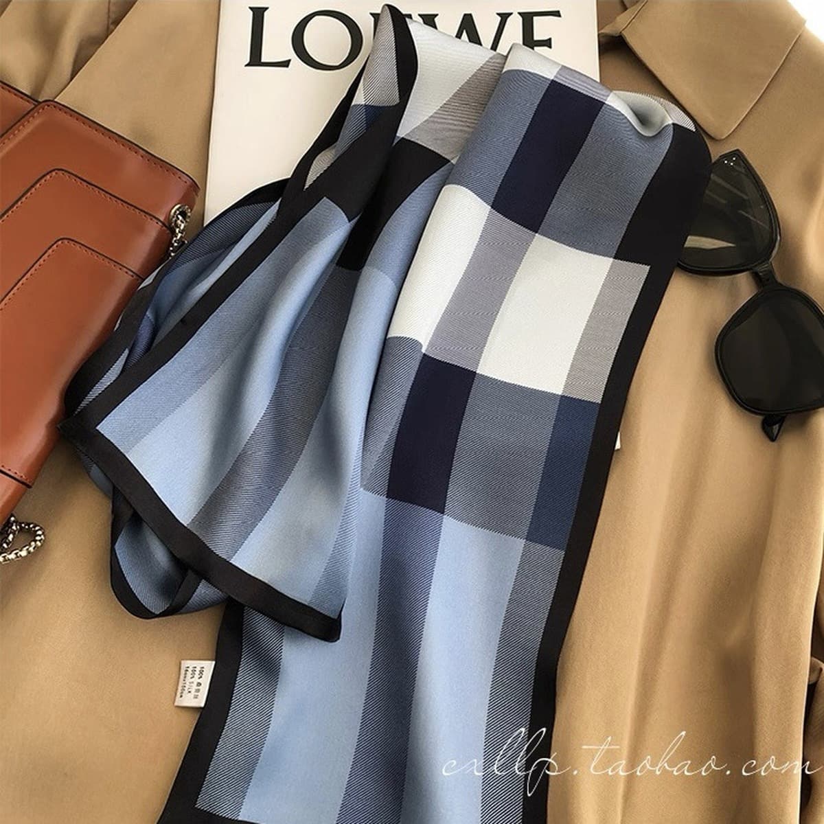 Синий клетчатый шелковый шарф из шелковицы, стильная весенне-осенняя мода, универсальный двухслойный шелковый шарф, длинный...