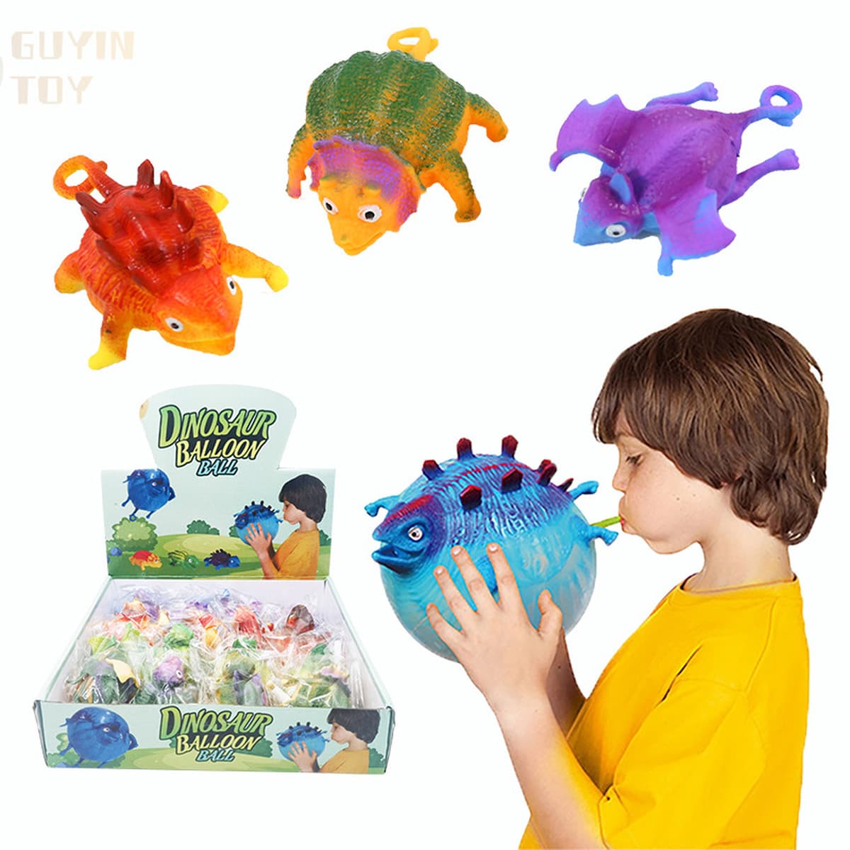 TPR новая странная забава целого человека, который дует в шары для волос динозавра