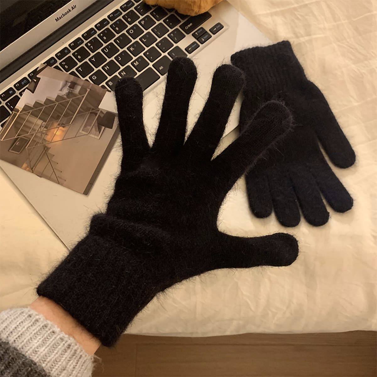 Вязаные шерстяные перчатки из красного кроличьего меха для женщин, осень-зима 2024, утолщенные, теплые и морозостойкие, с...