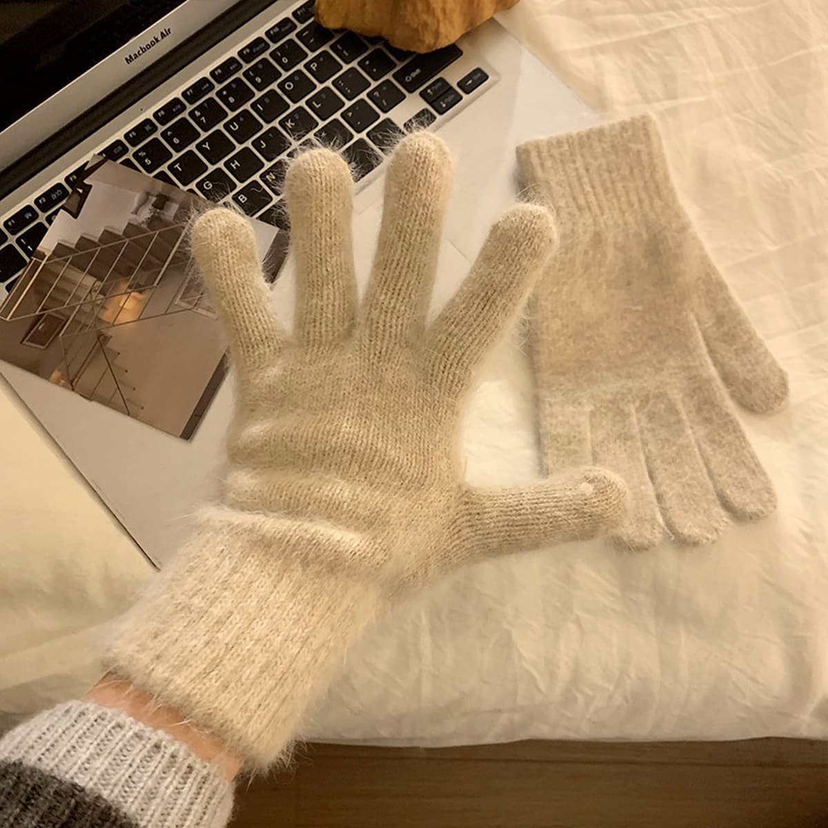 Вязаные шерстяные перчатки из красного кроличьего меха для женщин, осень-зима 2024, утолщенные, теплые и морозостойкие, с...