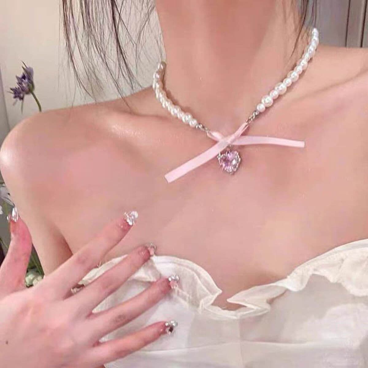 Ожерелье женский лук 2025 новый орнамент фея бело-черный кружевной шнуровки Choker короткая цепочка ключицы