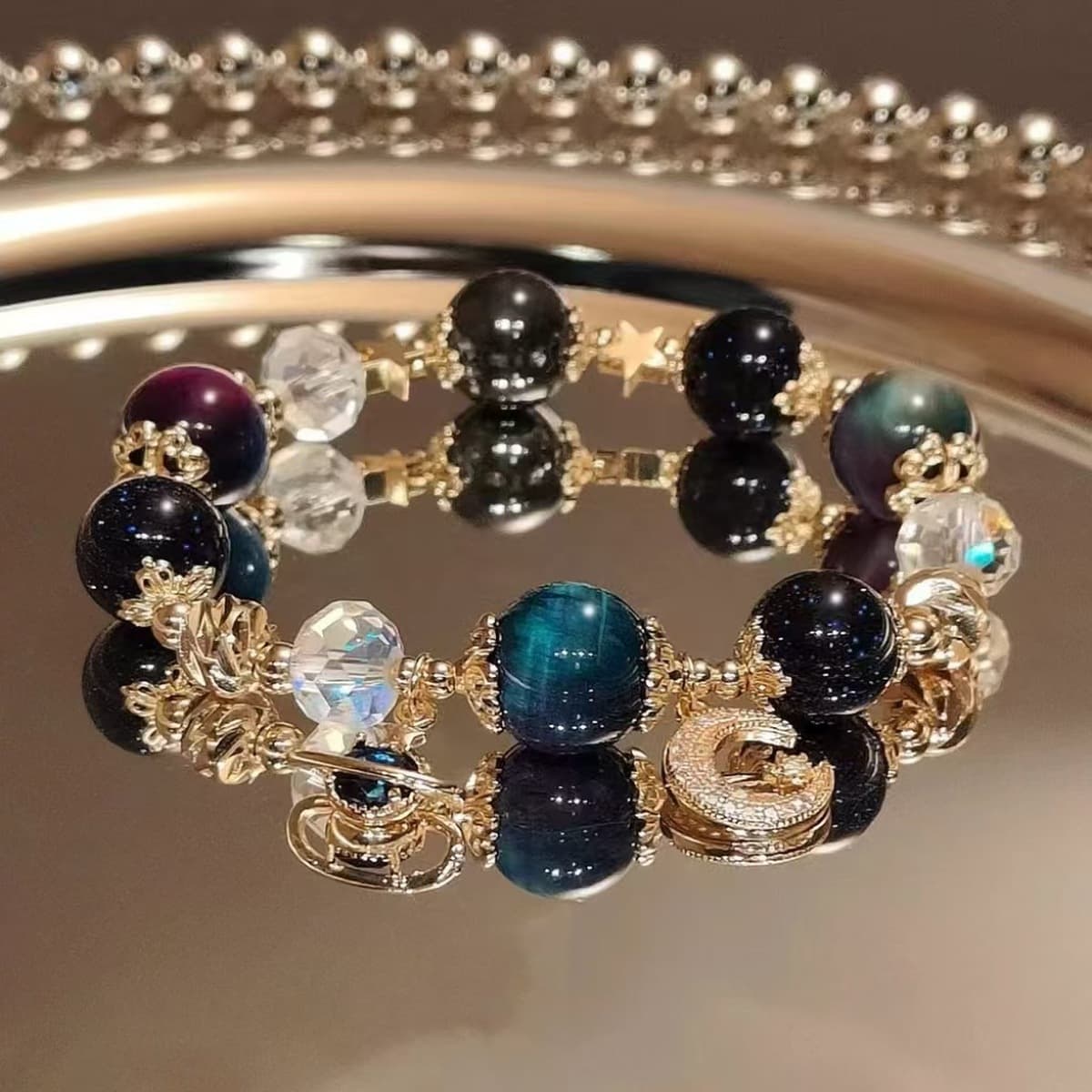 Кит падает со звездным небом голубой тигровый глаз синий кристалл обсидиан хрустальный браслет браслет сливочный конь...