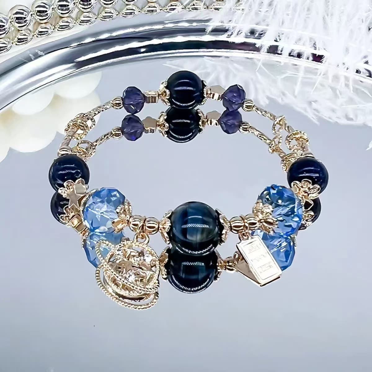 Кит падает со звездным небом голубой тигровый глаз синий кристалл обсидиан хрустальный браслет браслет сливочный конь...