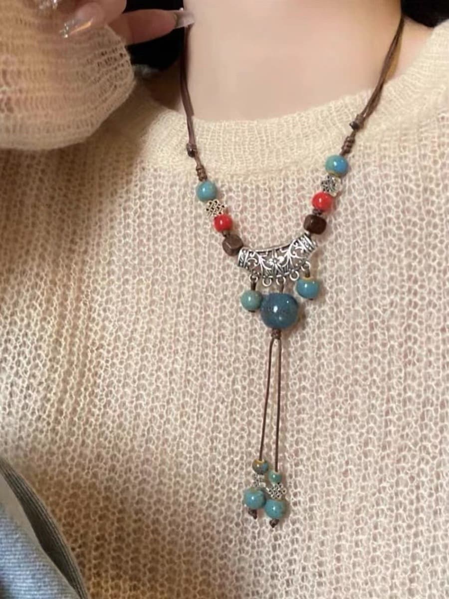 Этничный стиль ретро литературный национальный стиль хлопчатобумажный льняный керамический ожерелье женский бабочка лесбиянка