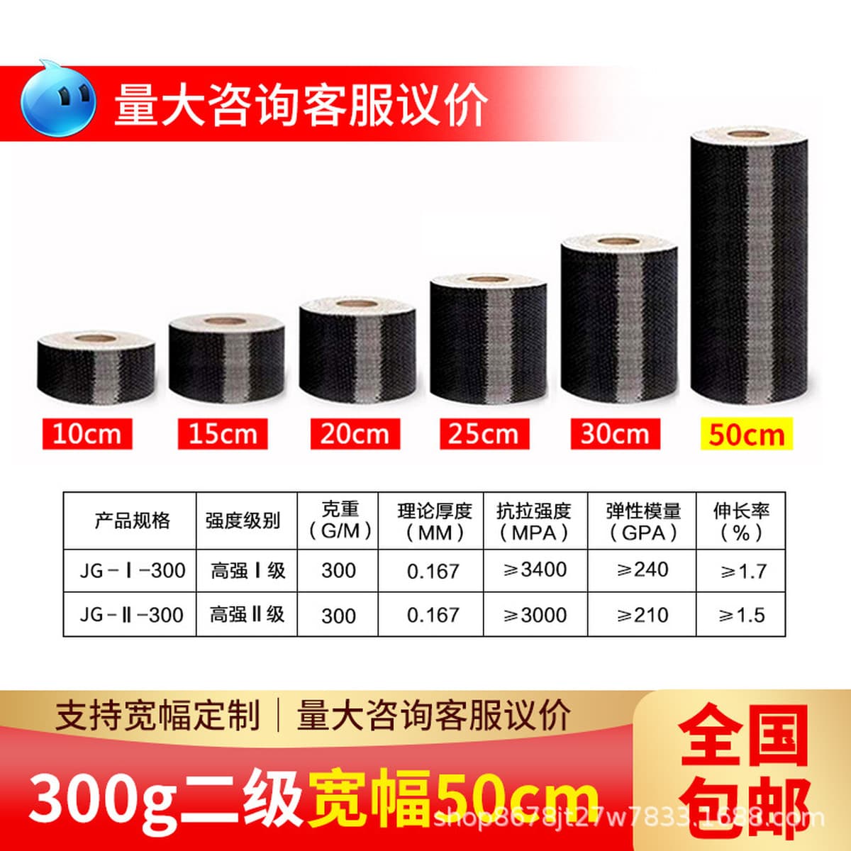 Углеродное волокно 300 г/м² для усиления конструкций: для строительства мостов, бетонных сооружений, ремонта трещин и...