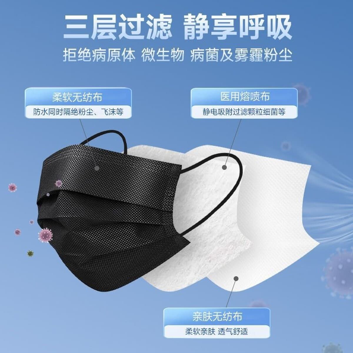 Одноразовая медицинская хирургическая маска Hasi Hino черный стерильный взрослый трехслойная защита 50 отдельных упаковок